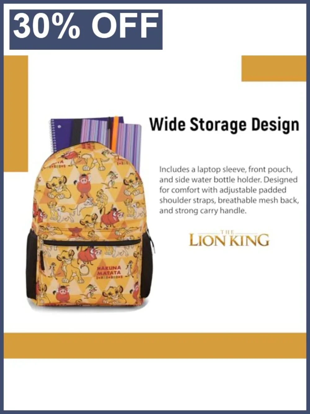 Lion King Kids Backpack Hakuna Matata Simba Mufasa Timon Pumbaa Durable School